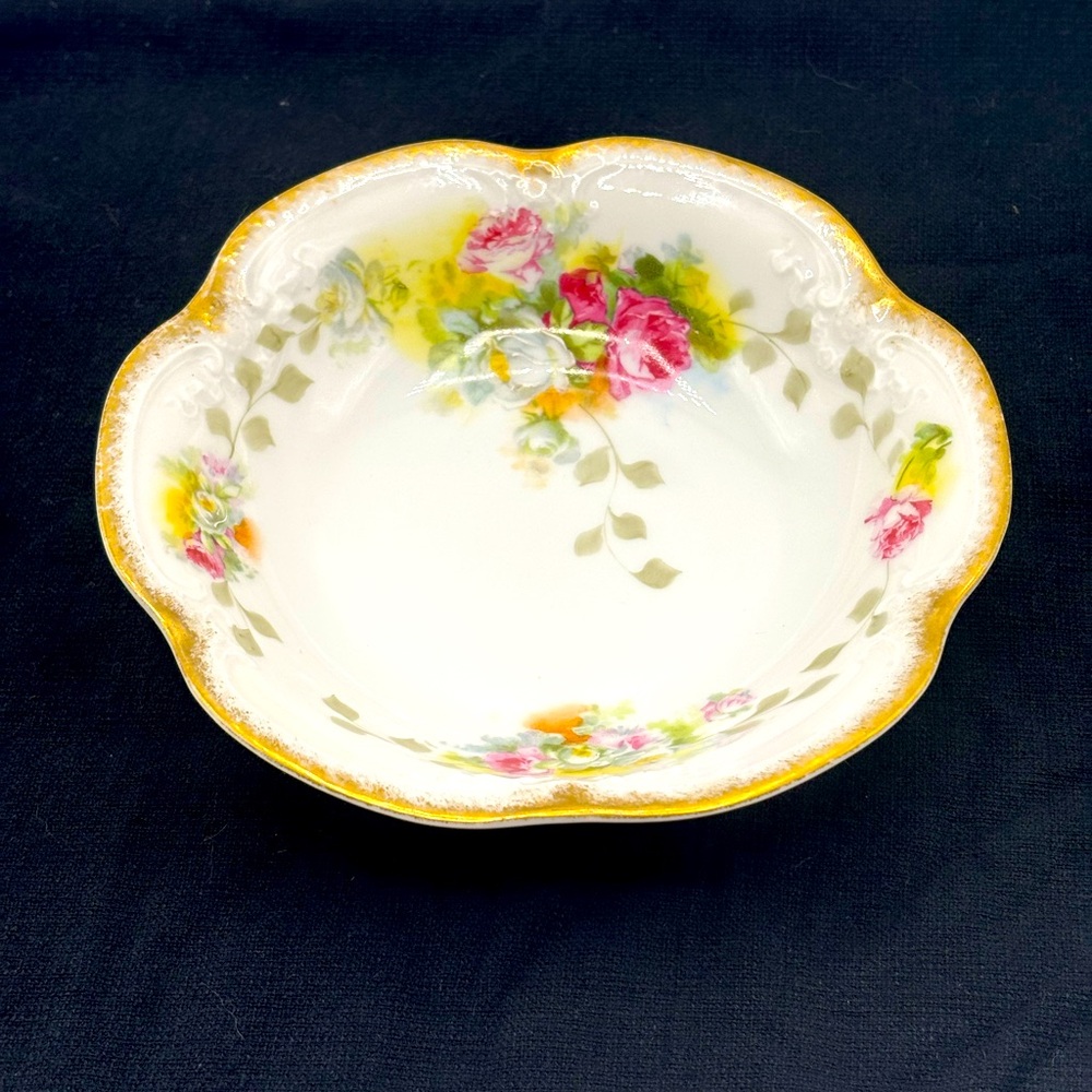 Antique A.Lanternier Limoges France hand painted motif embossed scalloped bowl.